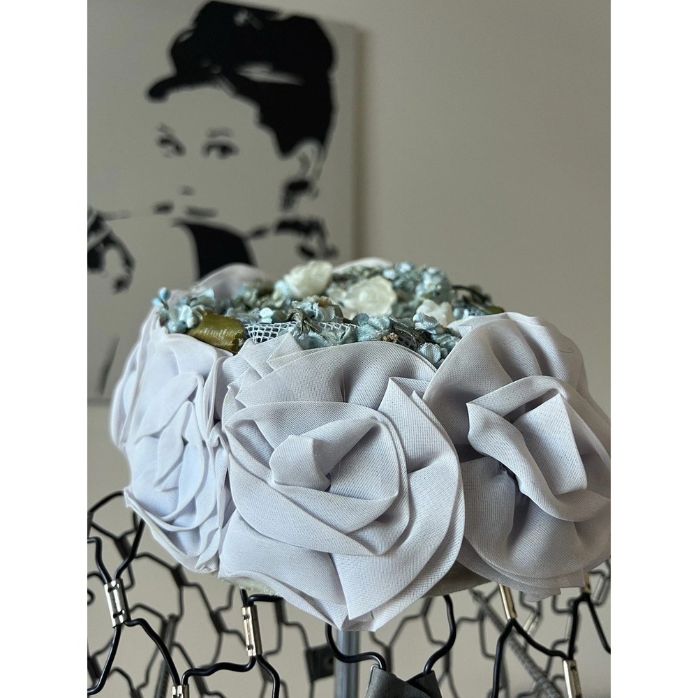 Vintage Union Made Floral Pillbox Hat Blue White Rosette 1950s 1960s Millinery